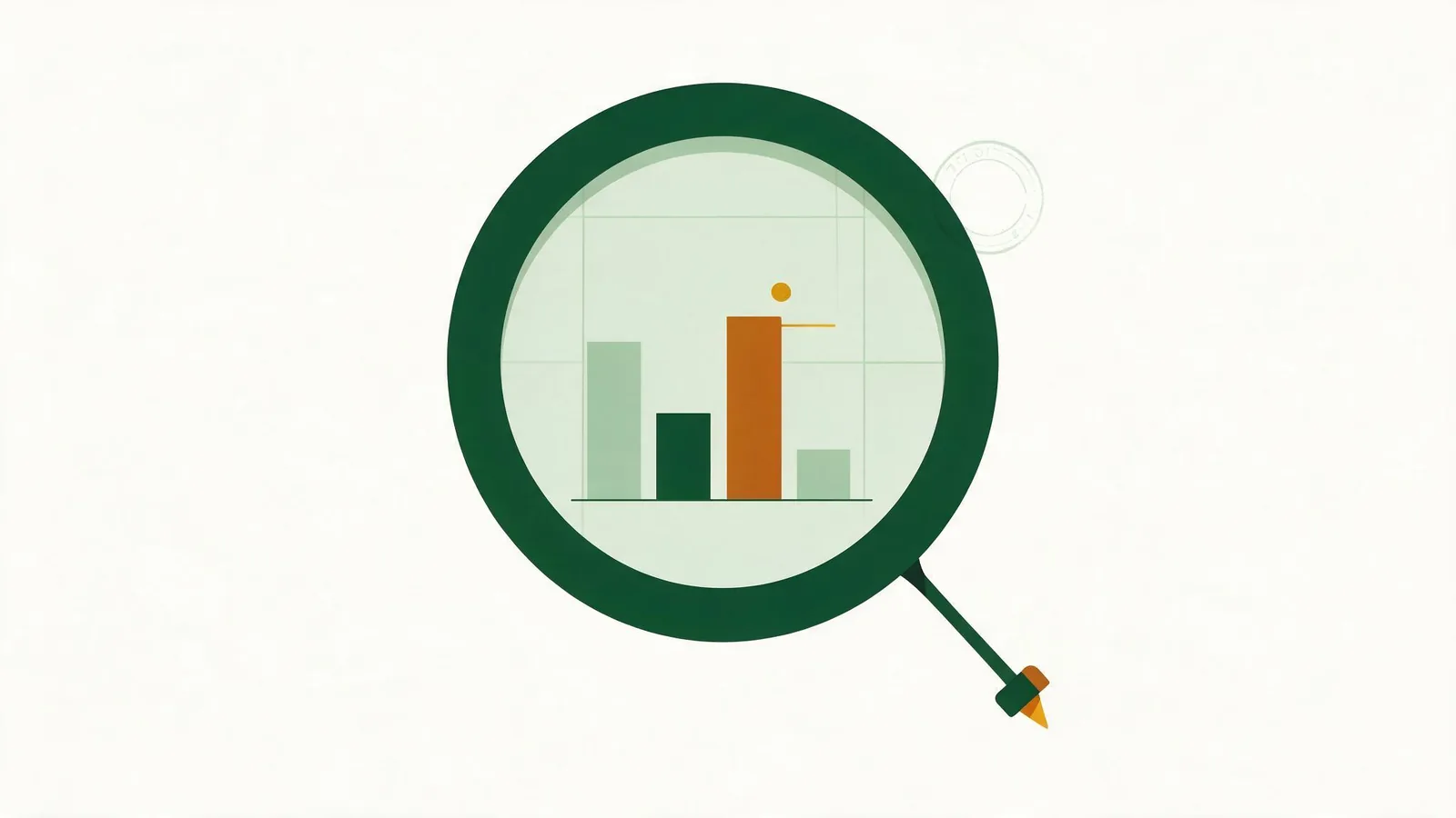 A magnifying glass over a bar chart with one bar flagged