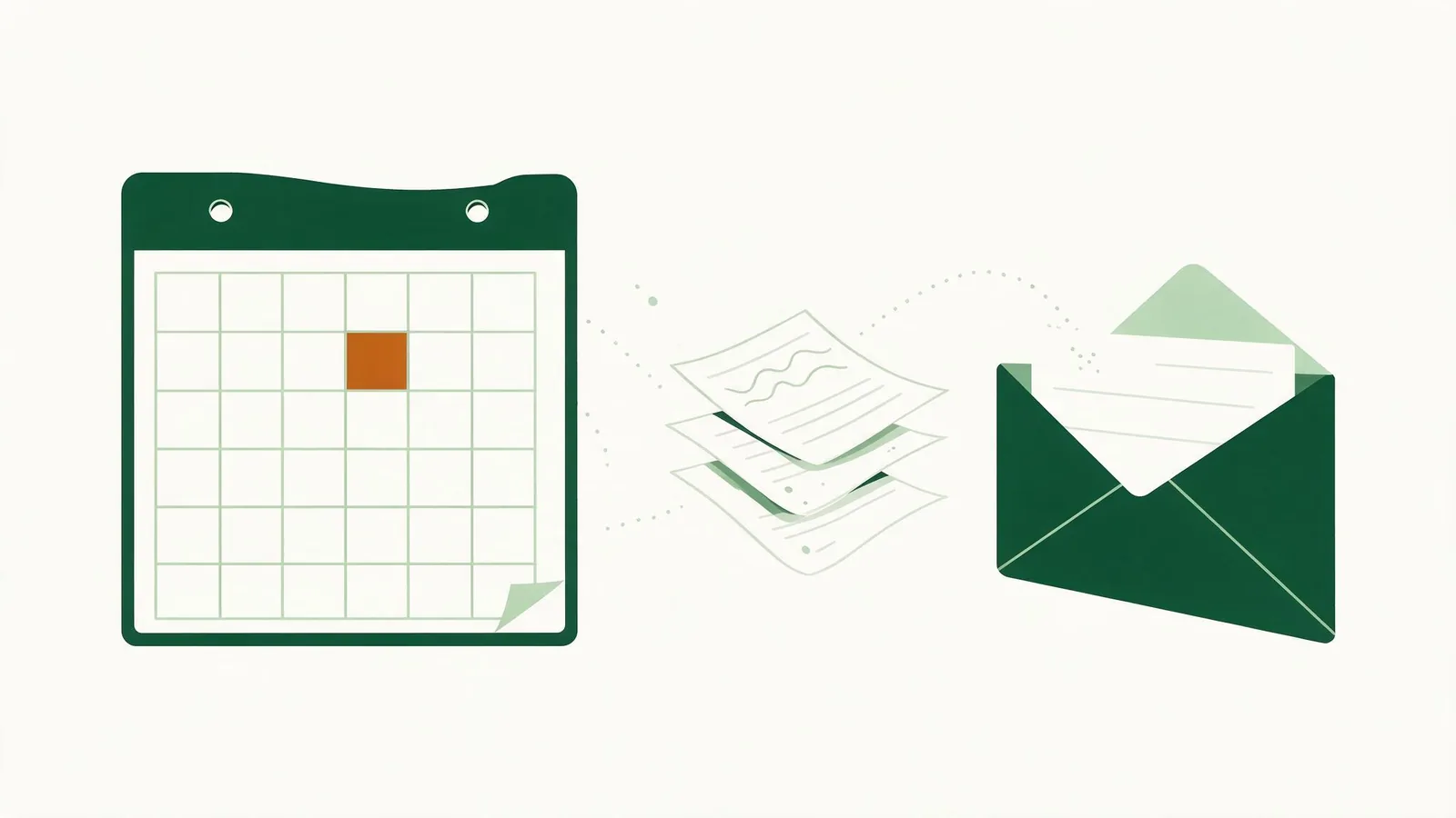 A calendar with a marked date, an envelope and documents flowing toward it