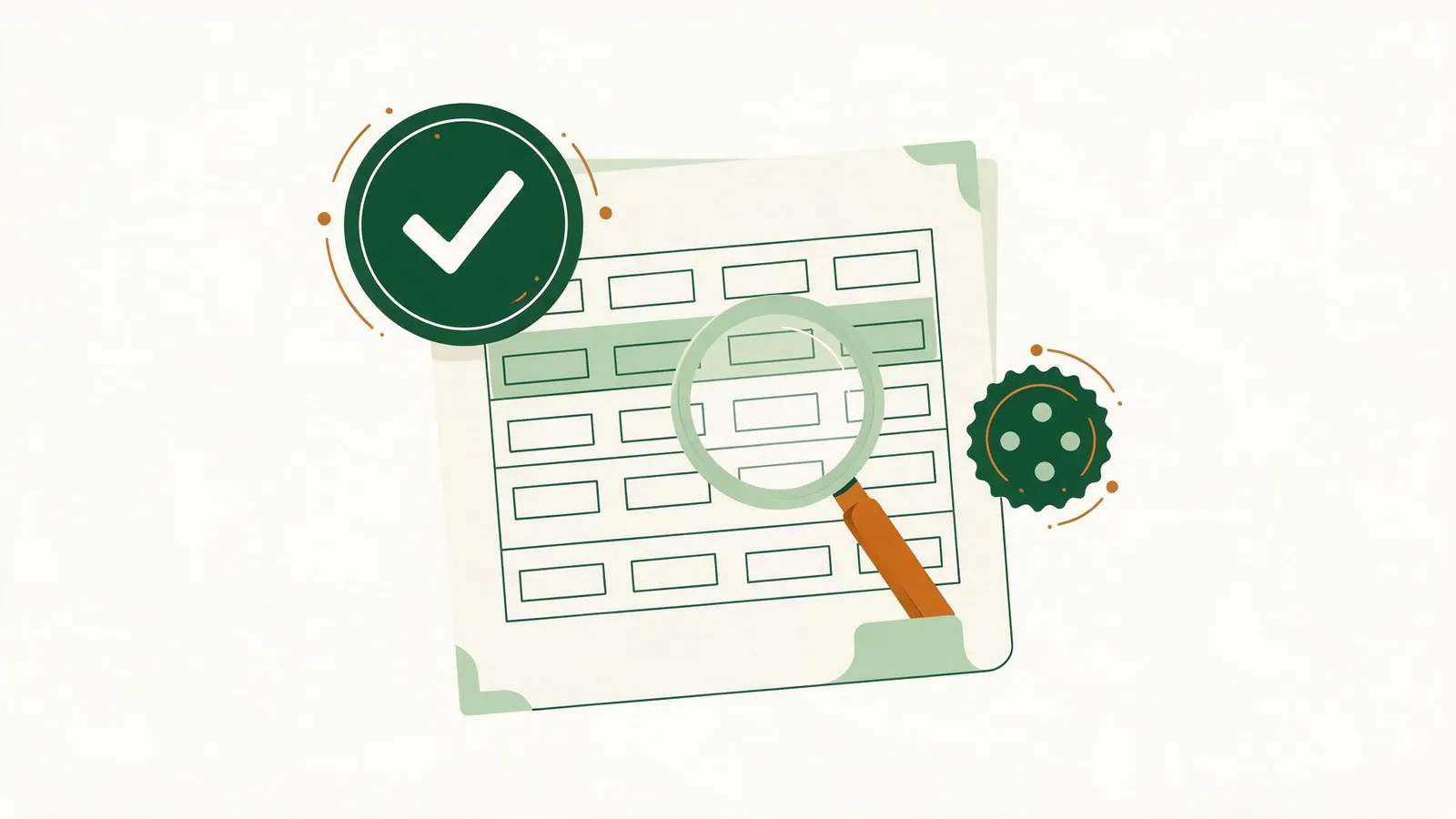 A data table with a verification badge, a magnifying glass over one row and a dated stamp