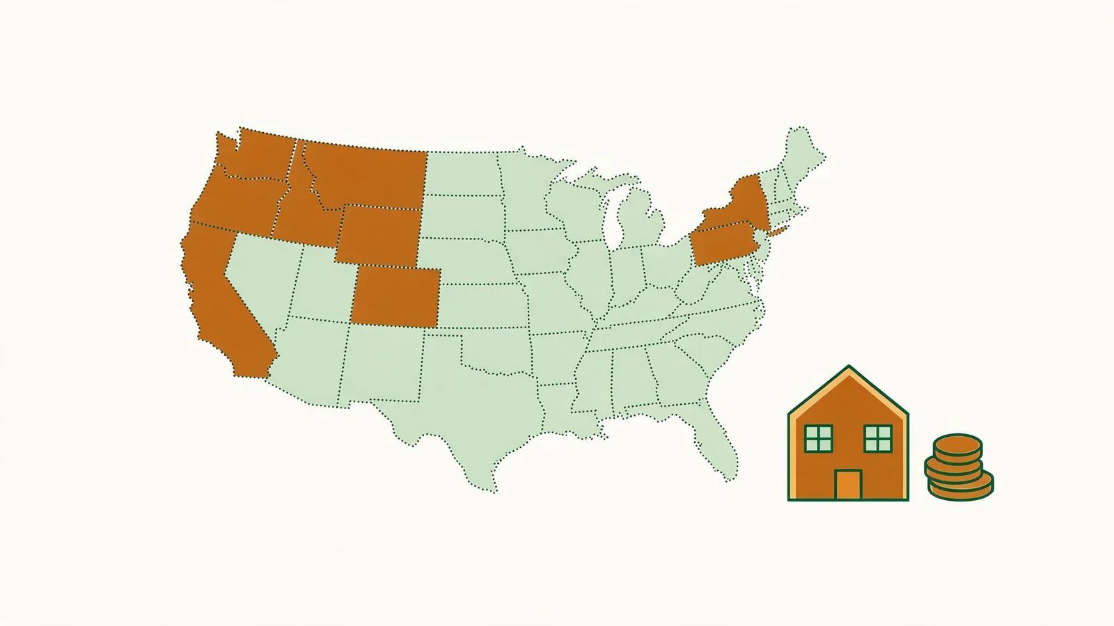 Dotted map of the United States with nine states highlighted, beside a house and a coin stack