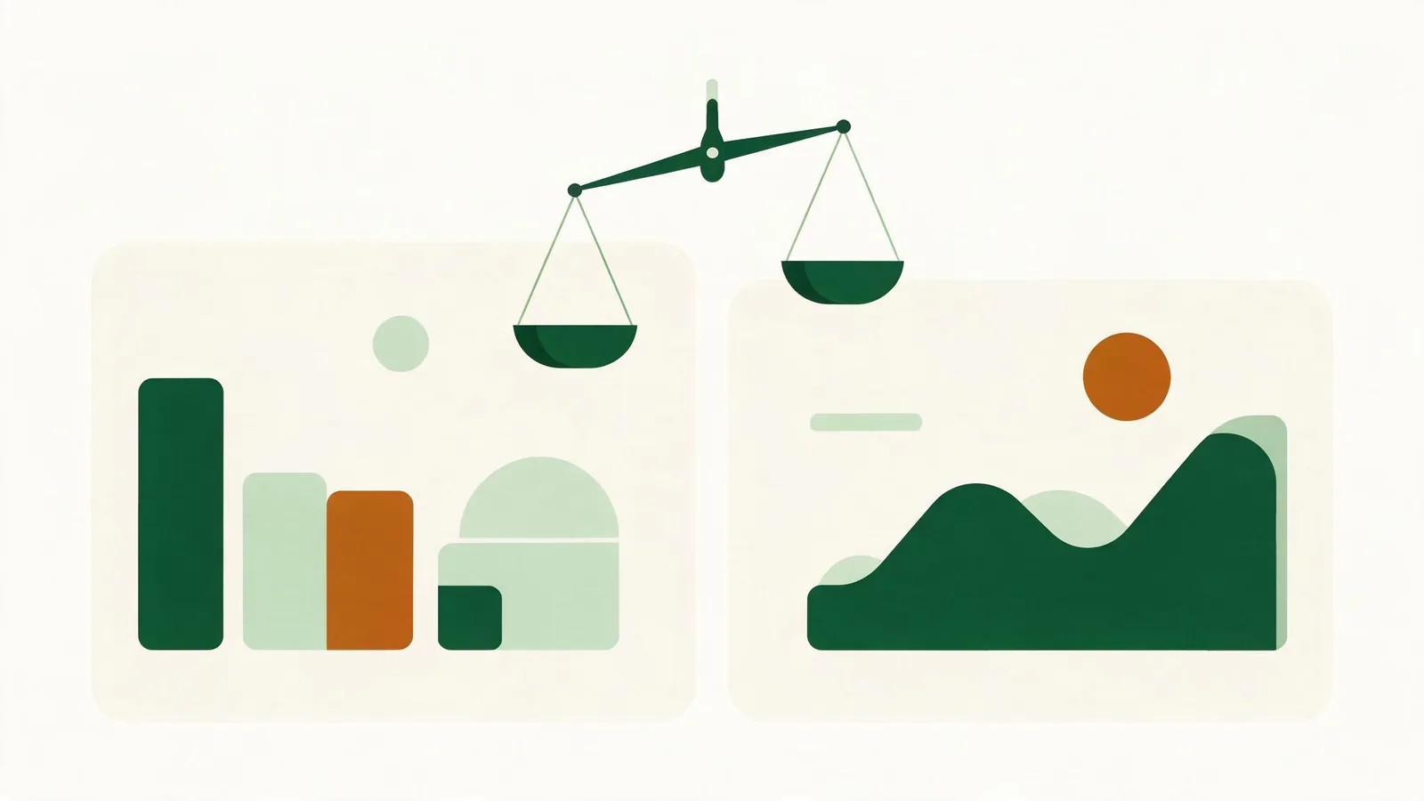 Two panels side by side under a balance scale, comparing the H&R Block tax calculator against ours